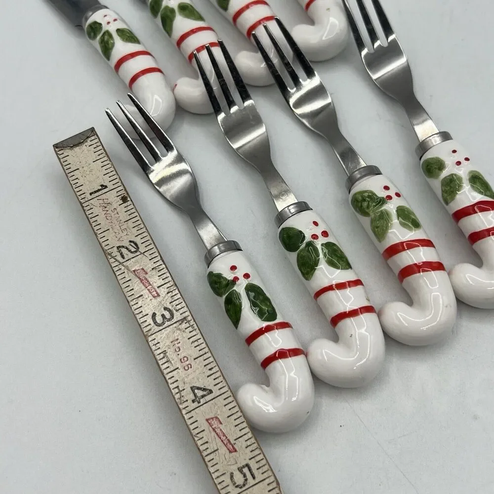 12 Vtg Ceramic Candy Cane Spreaders Appetizer Forks Spoons Condiments Stainless